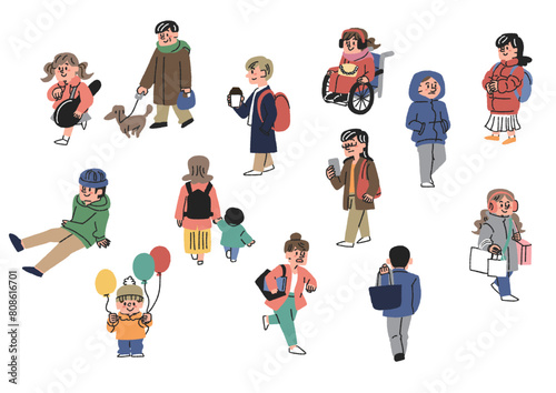 冬服で街を行く人々の手書きイラストセット