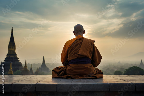 A silhouette of a Burmese monk with bokeh background