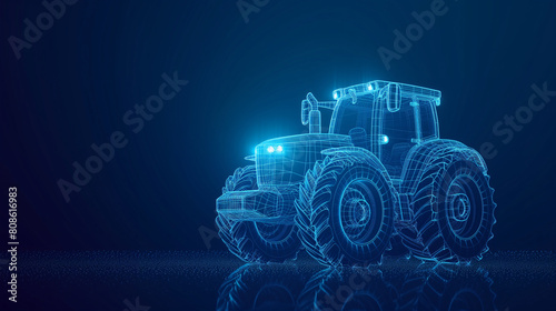 Farm tractor in a blueprint wireframe style. IoT technology in agricultural.