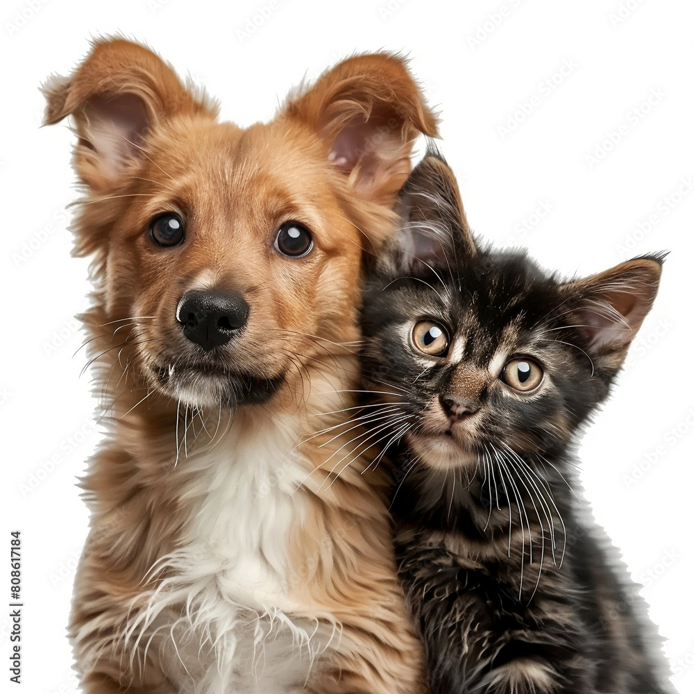 Portrait of Happy dog and cat that looking at the camera together isolated on transparent background, friendship between dog and cat, amazing friendliness of the pets