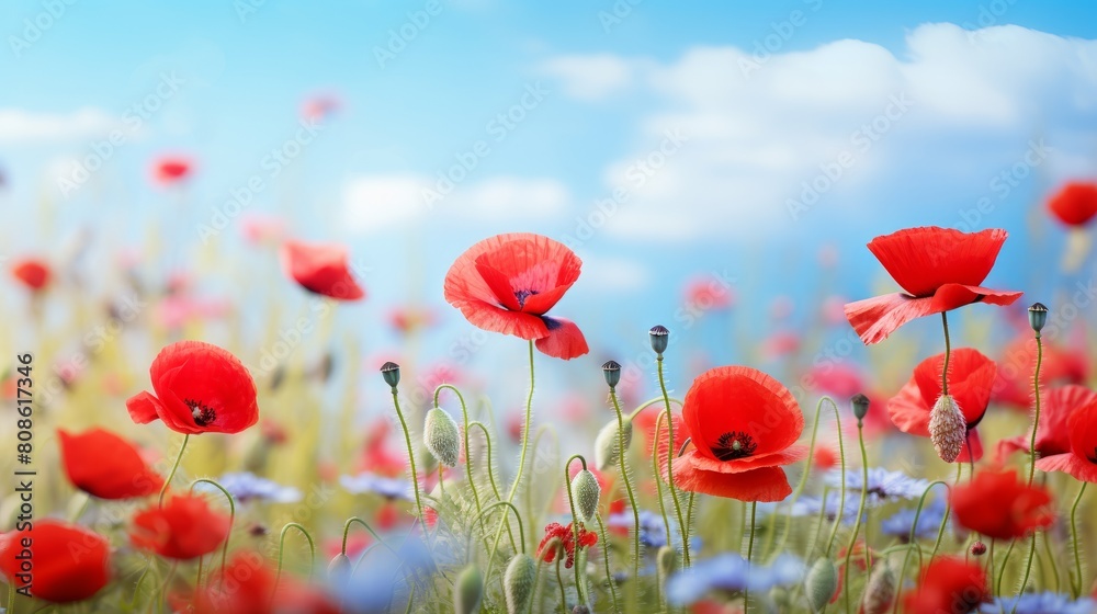 Fototapeta premium Beautiful closeup of poppies poppy Papaver rhoeas flowers in nature. Natural spring summer landscape with red poppies