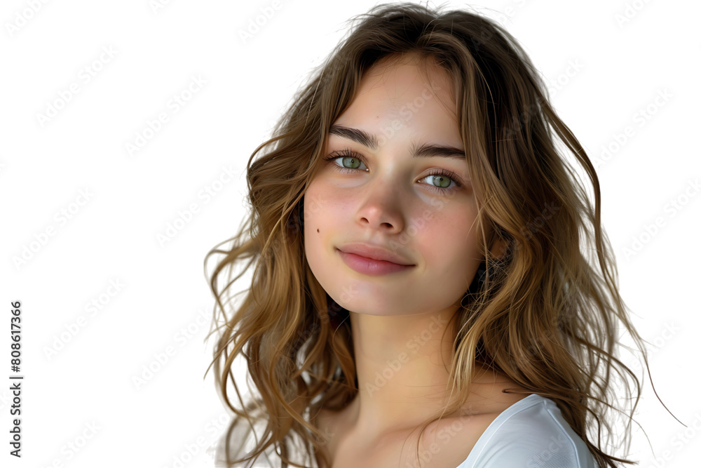 Beautiful green-eyed European female in casual clothes looking at camera, on isolated transparent background Beautiful green-eyed European female in casual clothes looking at camera, on isolated transparent background
