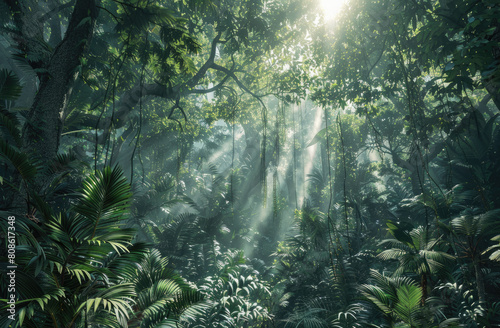 Lifelike 3D render of an ancient rainforest with towering trees, dense foliage, and sunbeams filtering through the canopy, suitable for environmental documentaries