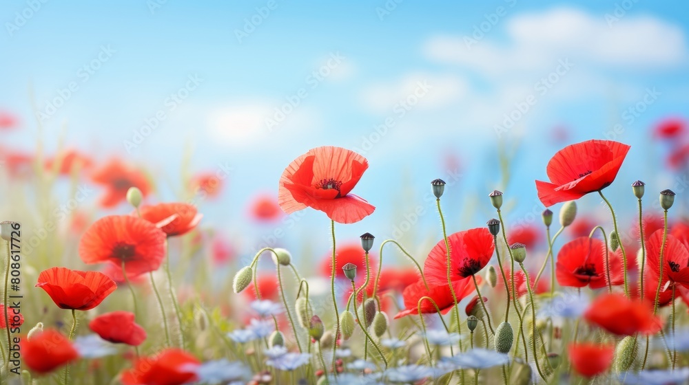 Fototapeta premium Beautiful closeup of poppies poppy Papaver rhoeas flowers in nature. Natural spring summer landscape with red poppies