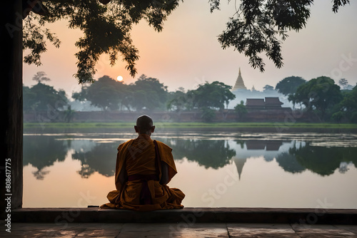 A silhouette pf a Burmese monk with peaceful background