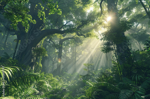 Lifelike 3D render of an ancient rainforest with towering trees  dense foliage  and sunbeams filtering through the canopy  suitable for environmental documentaries
