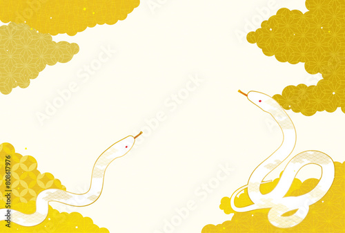 2025年巳年年賀状、2匹の白蛇と和柄雲海の年賀状素材