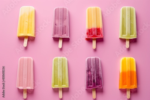 A group of popsicles in various flavors arranged on top of a pink surface