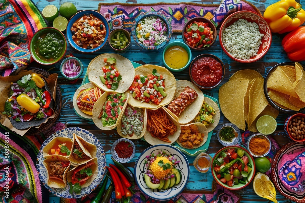 A table filled with an assortment of Mexican tacos, vibrant salsa, fresh guacamole, and festive decorations