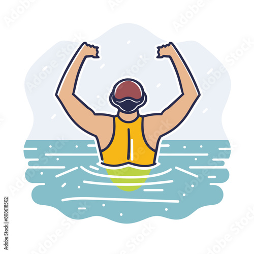 Swimmer celebrating victory raising arms water. Male athlete wearing cap, goggles, victory pose, sporting event. Cartoon style drawing, blue water, splashes, swimming competition, success emotion