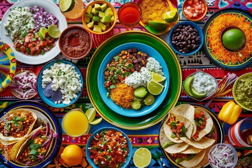 A colorful table filled with Mexican tacos, plates of food, and drinks ready to be enjoyed