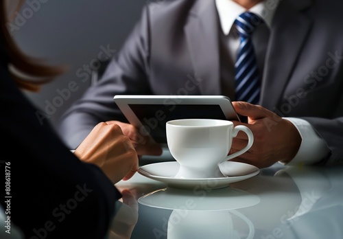 A Businessman using digital tablet while working on laptop  sitting on chair  desk in office wearing suit