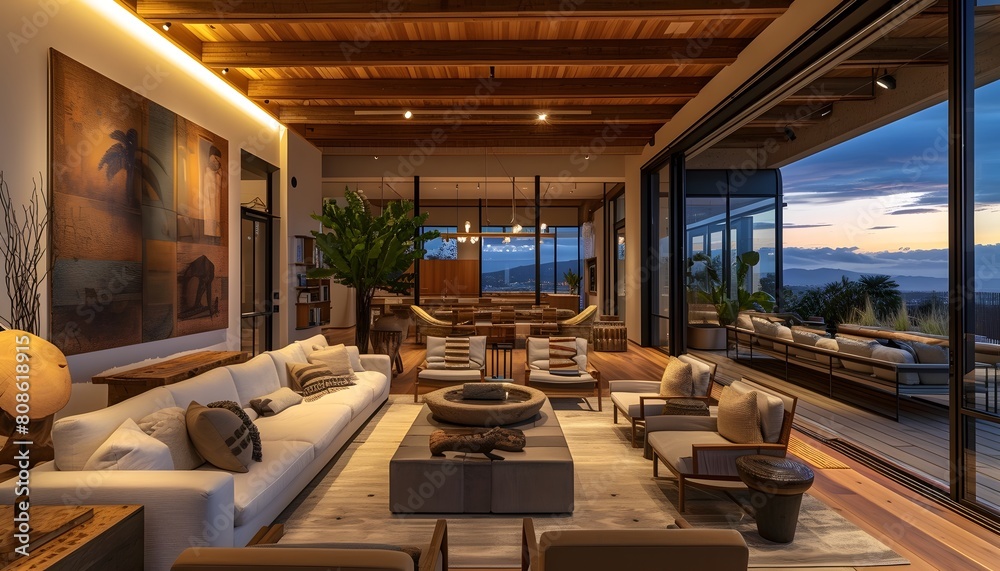Fototapeta premium Luxurious Living Room with Open Layout and Scenic View at Sunset