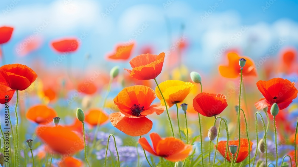 Obraz premium Beautiful closeup of poppies poppy Papaver rhoeas flowers in nature. Natural spring summer landscape with red poppies