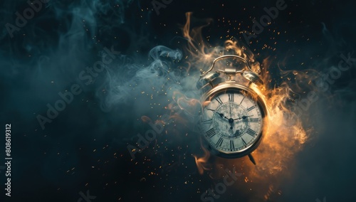 Round alarm clock with large numbers on the dial on a dark background with burning hot particles. The concept of approaching deadlines or something else.