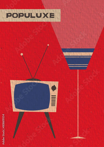 Populuxe Furniture. Mid Century Modern Interior Illustration. TV Set, Floor Lamp, 1950s - 1960s Colors, Shapes. Aged Paper Texture 