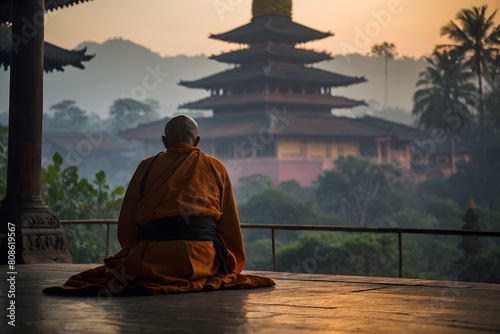 A silhouette of a Burmese monk with peaceful background