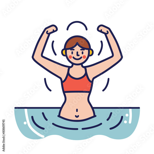 Fitness enthusiast woman demonstrating strength vitality during workout. Female character sports attire showcasing muscle, fitness routine water. Energetic young lady flexing arms, engaging aquatic