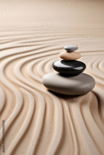 Zen Stones With Lines On Sand  Spa Therapy  Purity harmony And Balance Concept