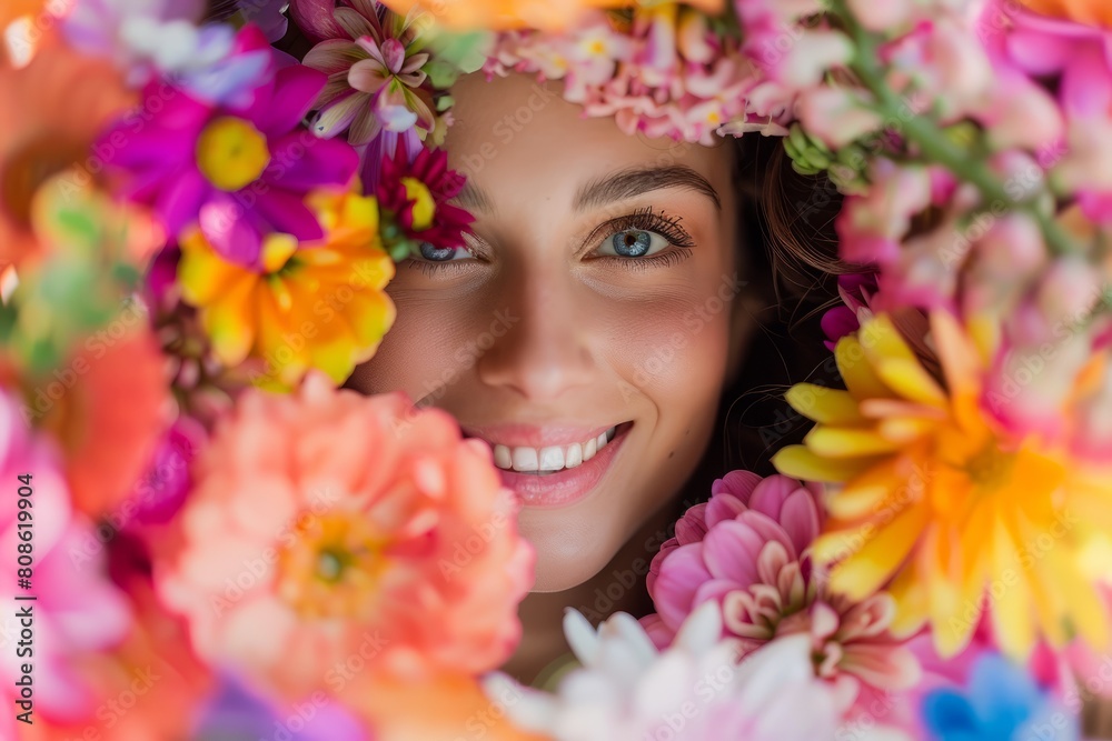 Closeup of a young woman with blue eyes partially hidden by vibrant blossoms surrounding her
