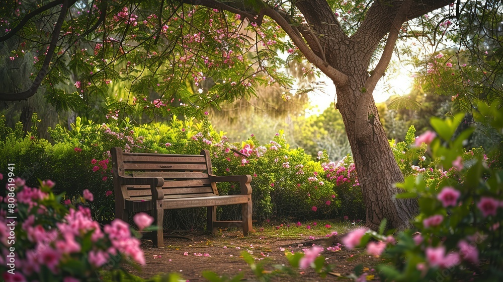 A Wooden Bench Nestled in Nature's Embrace, Surrounded by a Delicate Pink Floral Display and the Shade of a Majestic Tree A Wooden Bench Nestled in Nature's Embrace, Surrounded by a Delicate Pink Floral Display and the Shade of a Majestic Tree