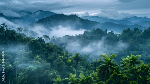 A photo featuring a lush tropical rainforest canopy. Highlighting the diverse flora and fauna of the jungle, while surrounded by misty clouds
