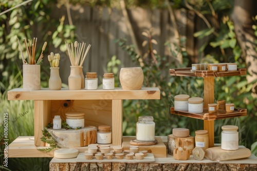 Front view of a wooden table topped with jars and candles  showcasing handmade artisanal products like pottery and wooden items
