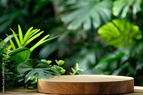 A wooden plate is placed on top of a wooden table in a minimalist setting with botanical decor and potted plants