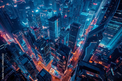 A high angle view of a sleek modern cityscape illuminated by neon lights, showcasing the interconnected web of ubiquitous computing photo
