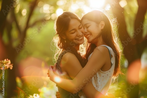 Two girls sharing a warm embrace in a sunlit field of colorful flowers