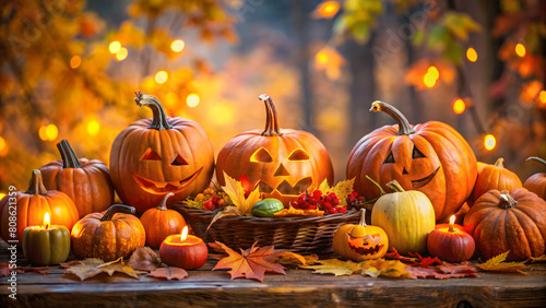 Halloween pumpkins with autumn leaves and candles on wooden table