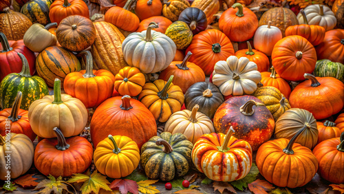 Colorful pumpkins on the autumn market. Seasonal background