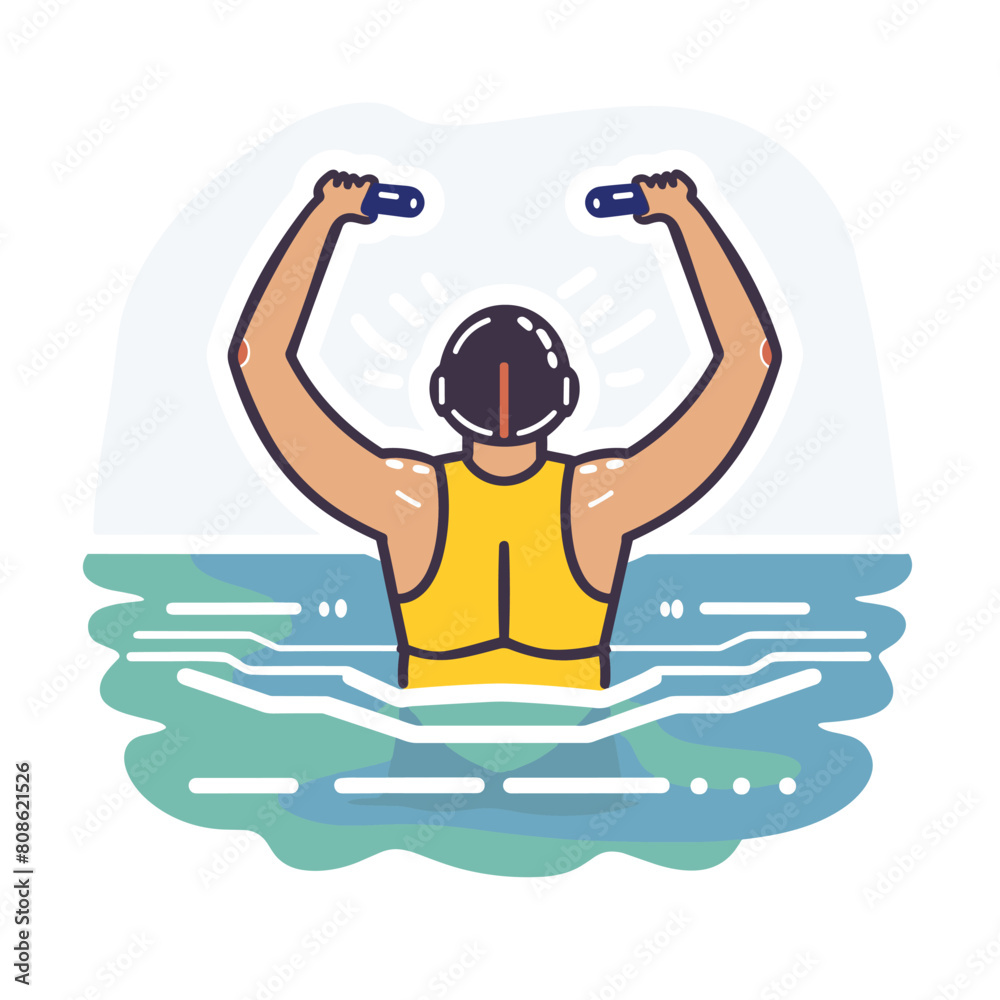 Man exercising water raising dumbbells, wearing helmet, yellow tank top. Active lifestyle water aerobics workout, fitness training pool. Strength training exercise, man building muscles, engaging Man exercising water raising dumbbells, wearing helmet, yellow tank top. Active lifestyle water aerobics workout, fitness training pool. Strength training exercise, man building muscles, engaging