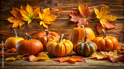 Autumn still life with pumpkins, leaves and berries on wooden background