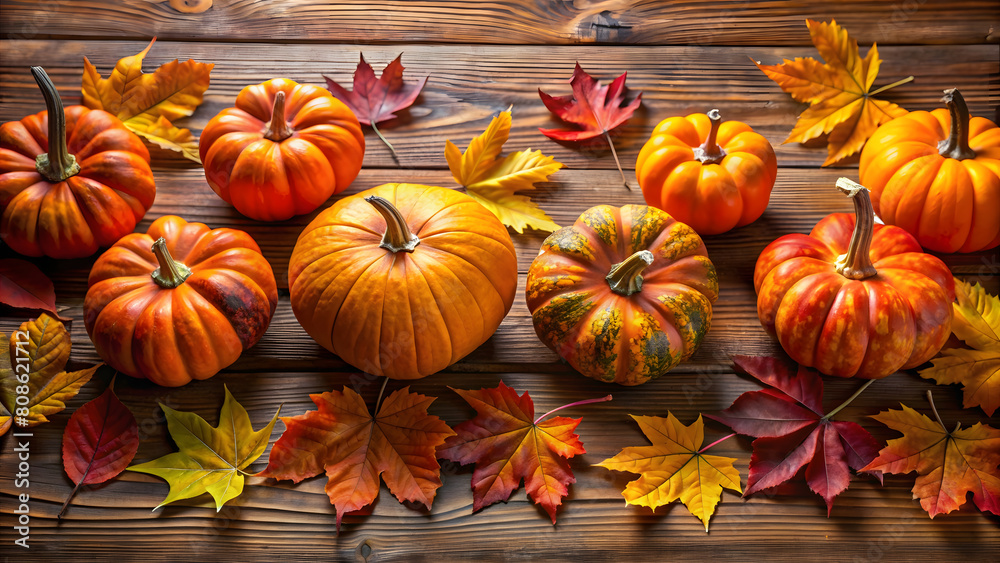 Autumn pumpkins and leaves on wooden background. Top view. Autumn pumpkins and leaves on wooden background. Top view.