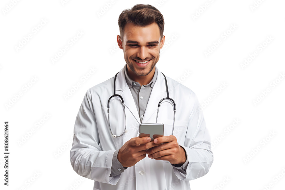 Cheerful young doctor in white coat smiling while looking at screen of his phone on isolated transparent background