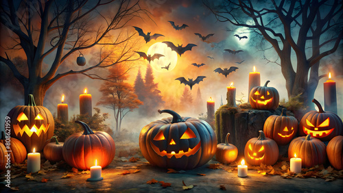 Halloween background with pumpkins, bats and candles. 3d rendering