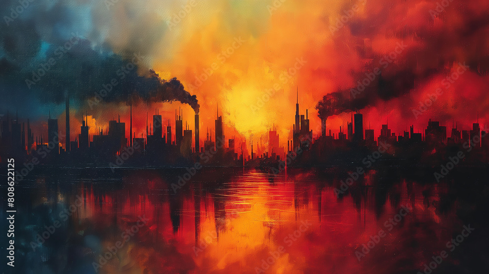 A painting of a city with a sunset in the background