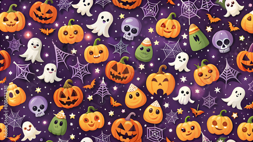 Halloween seamless pattern with pumpkins  ghosts  spiders and bats