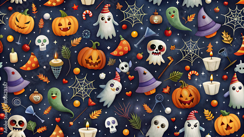 Halloween seamless pattern with pumpkins, ghosts and candies
