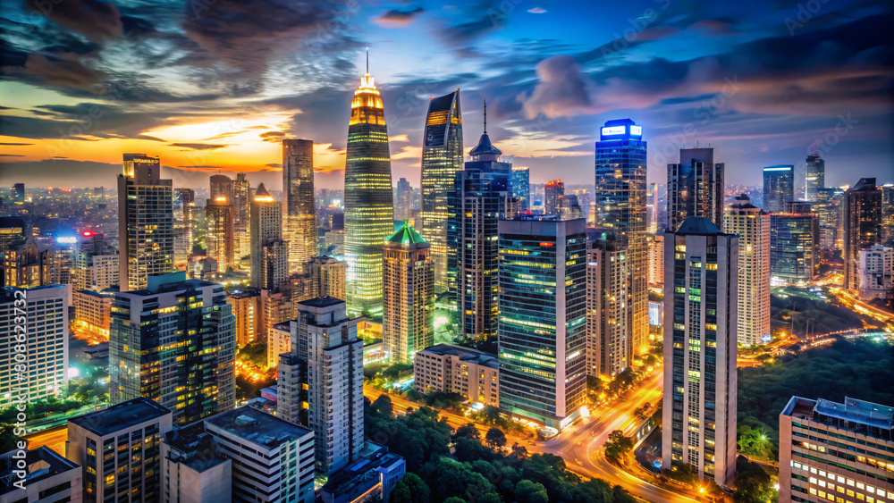 Obraz premium Sunset Silhouette: Urban skyline featuring skyscrapers 