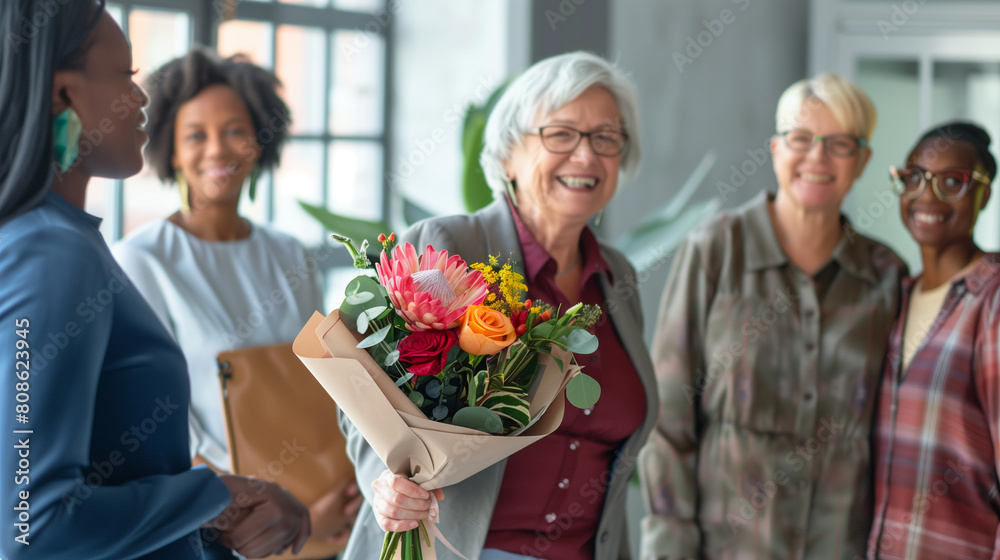 copy space, stockphoto, successful elderly business woman recieving a bouquet. multiracial team is standing around the businesswoman, modern office. Senior business woman going on retirement, pension.