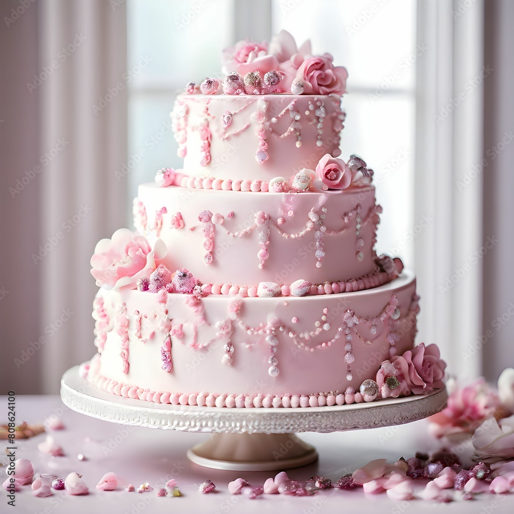 Pink Wedding Cake with Gemstone Accents, Wedding cake design with flowers. pink wedding cake adorned with delicate flowers. Pink color Luxurious Wedding Cake Design nice background Pink Wedding Cake with Gemstone Accents, Wedding cake design with flowers. pink wedding cake adorned with delicate flowers. Pink color Luxurious Wedding Cake Design nice background