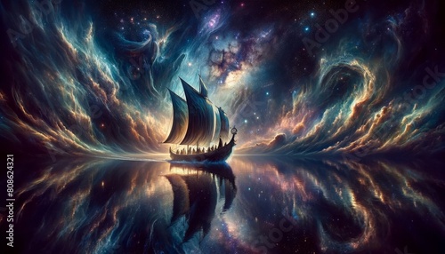 Imagine a scene of ancient boat, its design timeless and mystical, glides silently across a vast cosmic