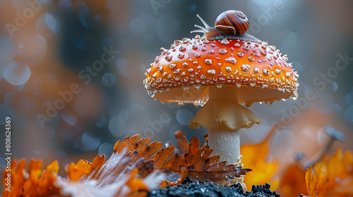 Charming Encounter Little Snail on Mushroom in F,
Amanita muscaria is poisonous mushroom with red dots and white spots
 photo