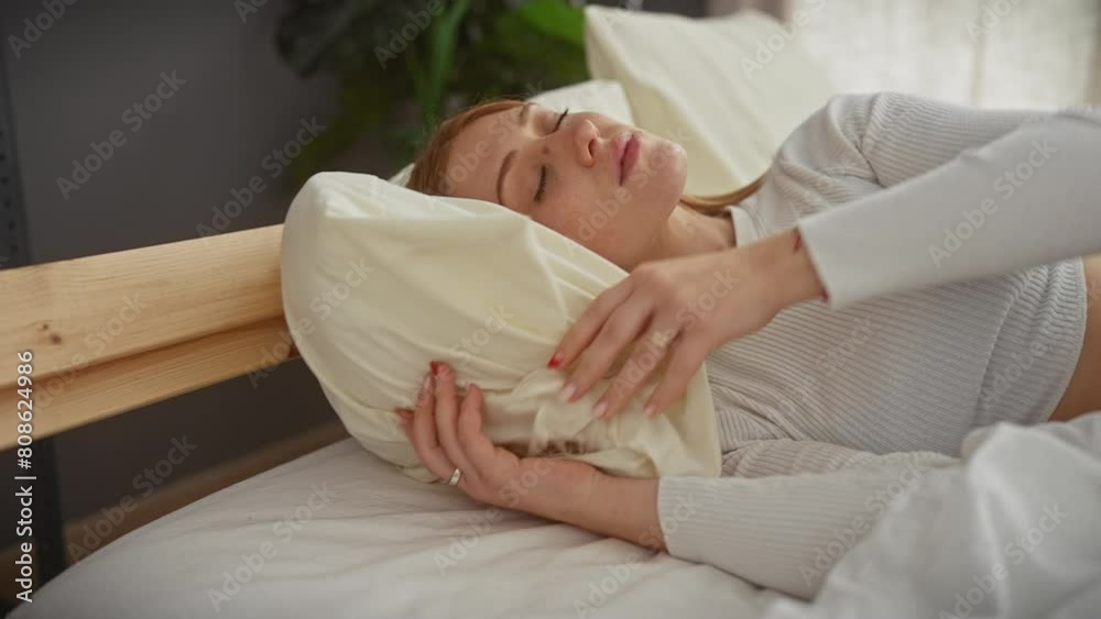 A serene young woman comfortably napping in a cozy bedroom, embodying tranquility and restfulness. A serene young woman comfortably napping in a cozy bedroom, embodying tranquility and restfulness.