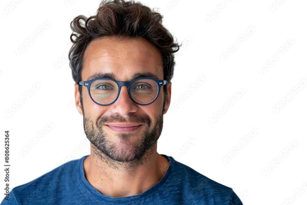 smiling attractive man in blue t-shirt and trendy eyeglasses on isolated transparent background
