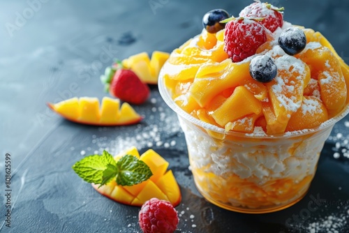 Korean shaved ice dessert mango binges. with copy space image. Place for adding text or design photo