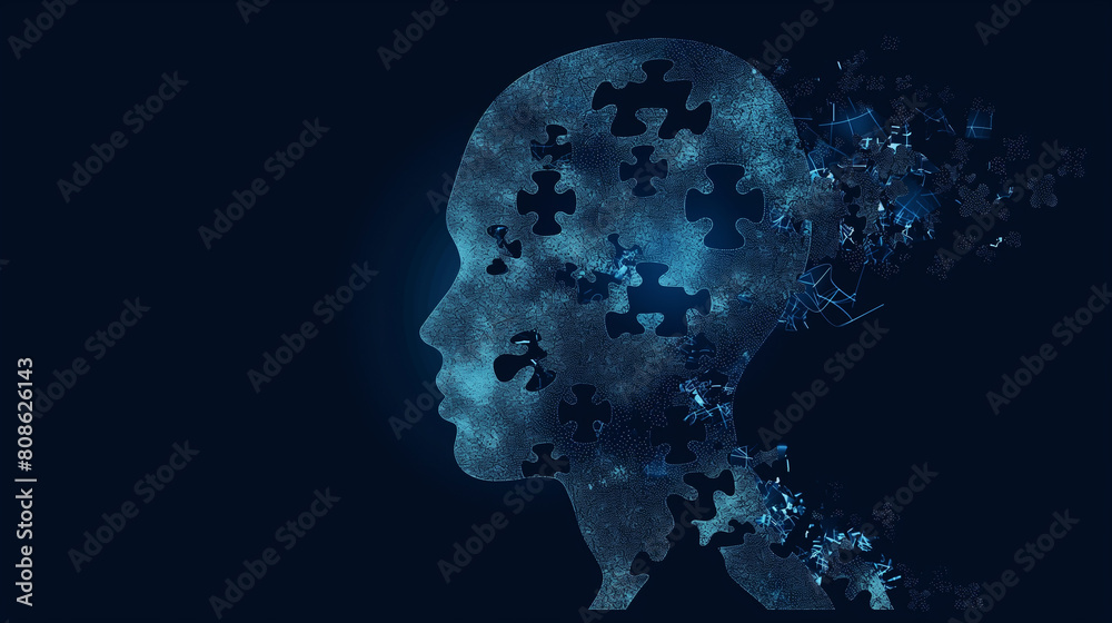 A blue head with a jigsaw puzzle of the face A blue head with a jigsaw puzzle of the face