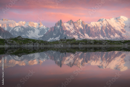 Dramatic Sunset Reflections of Mont Blanc Massif in Cheserys Lake photo